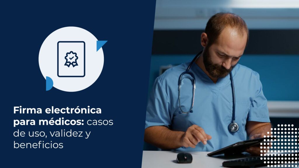 Médico con barba en un consultorio, usando un tablet para gestionar información, lo que sugiere el uso de una firma electrónica para médicos en su trabajo.
